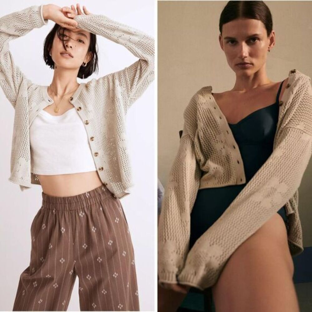 NEW Madewell 100% cotton Floral Open-Stitch Cardigan Sweater, M, NF391